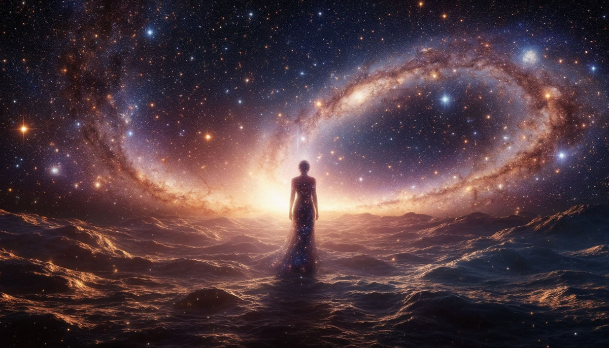 Торжество бытия: фигура растворяется в море света, где рождаются галактики из частиц радости — начинается настоящая жизнь, когда исчезает разделение между творцом и творением.