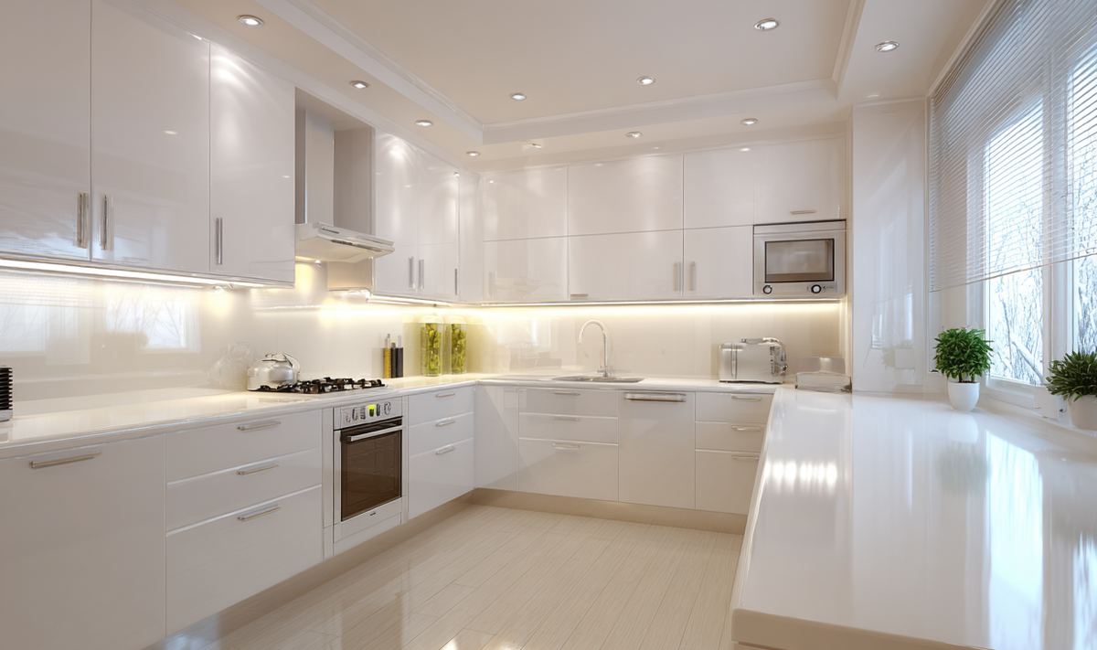 Просторная угловая кухня с окном