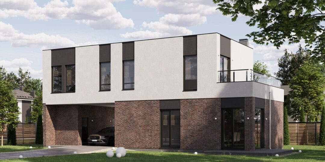 Проект ПБ-154 — современный двухэтажный коттедж размером 7 на 16 метров с 3 спальнями и общей площадью 157,3 м²