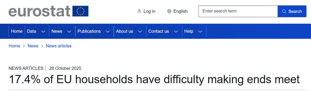 17,4% домохозяйств ЕС испытывают трудности с тем, чтобы свести концы с концами