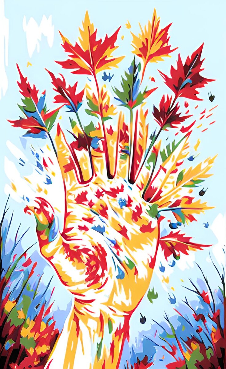 Рука осени. Иллюстрация создана с помощью нейросети DreamAI и программы Photoshop.