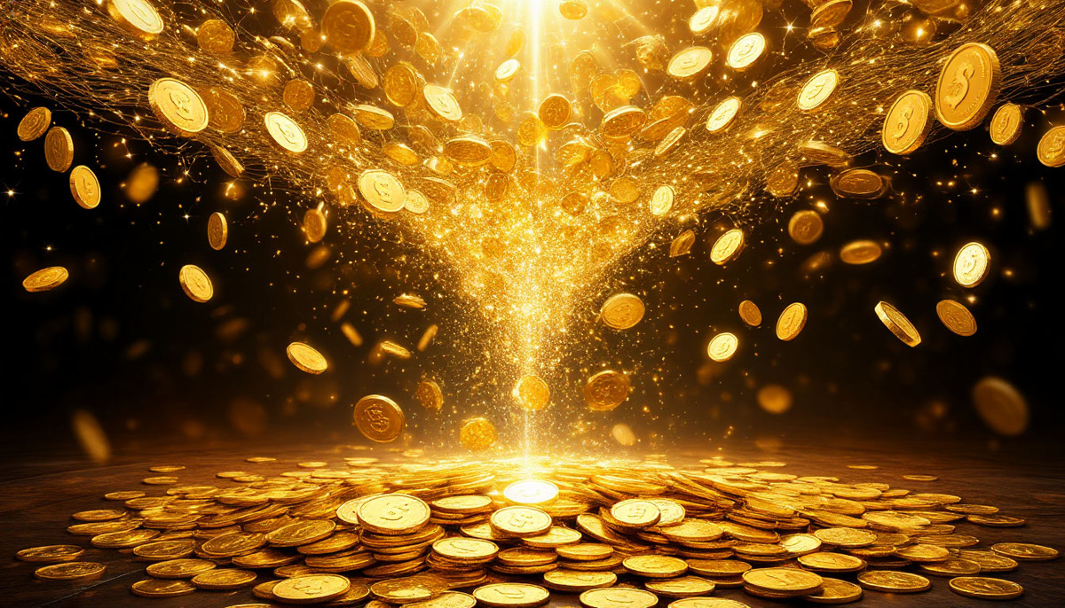 Деньги как символ: золотые монеты тают в воздухе, превращаясь в сияющие потоки энергии, которые вплетаются в кружево вселенских обменов. В пространстве парит лишь отблеск — символ, чья истинная ценность в движении, а не в обладании.