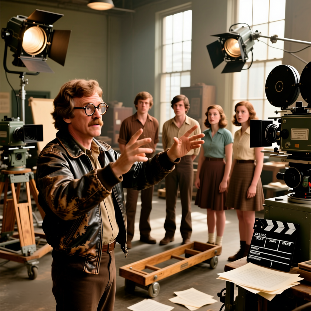 На съёмочной площадке Джордж Лукас энергично жестикулирует перед группой актёров, указывая на их глаза и мимику. Актёры слушают внимательно, слегка насторожившись.