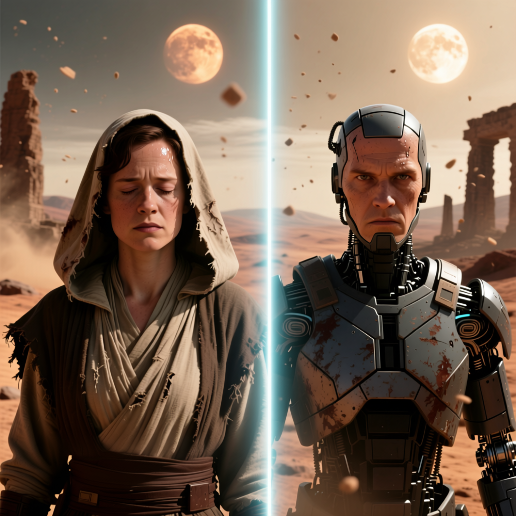 Два параллельных кадра: слева — актёр моргает естественно, справа — актёр сохраняет неподвижный взгляд. Кадры демонстрируют разницу в восприятии зрителем.