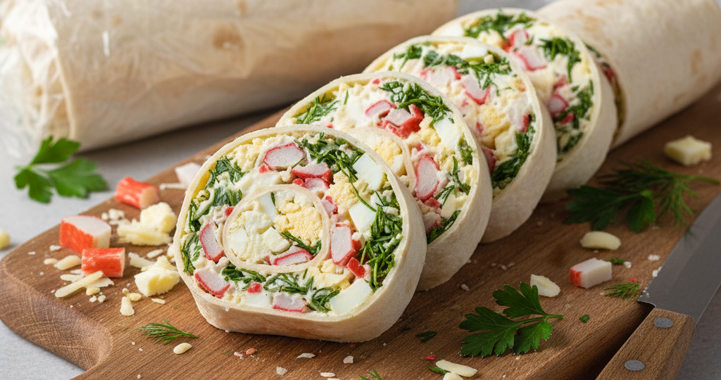 Рулет из лаваша с крабовыми палочками и сыром.