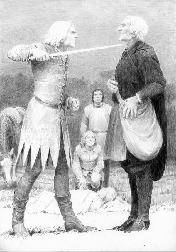 Можно спорить о том, насколько хорошо или плохо получаются иллюстрации у Дениса Гордеева (по мне, лица выходят не очень), но конкретно эта, показывающая, как Геральт прогоняет раскрытого вампира, вышла хорошо, в первую очередь позами и мимикой. Геральт, прижав меч к горлу Региса, напряжен, а Регис стоит спокойно и смотрит осуждающе.