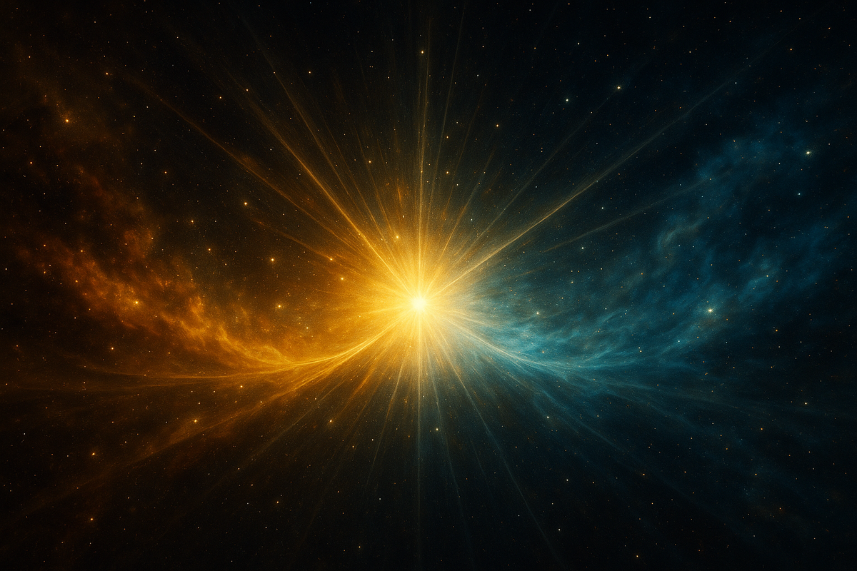 Вселенная после Большого взрыва, волны света и материи расходятся, в центре вспышка рождения.