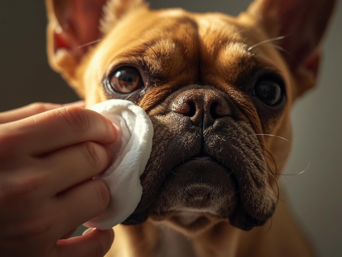 Чистка складок на мордочке французского бульдога