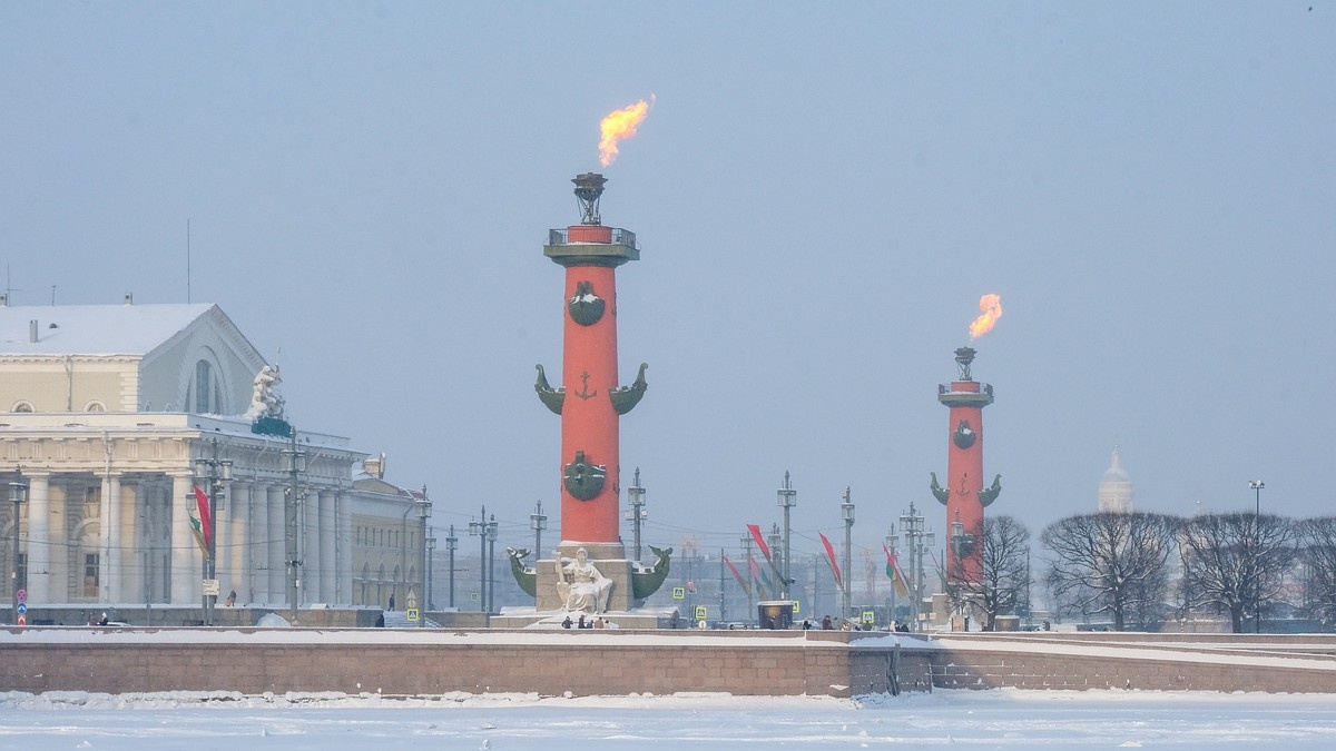 Заснеженная Стрелка Васильевского острова с Ростральными колоннами — это один из самых живописных и узнаваемых зимних пейзажей Санкт-Петербурга. Снег придаёт этому парадному ансамблю особую мягкость и торжественность, подчёркивая строгие линии неоклассической архитектуры.