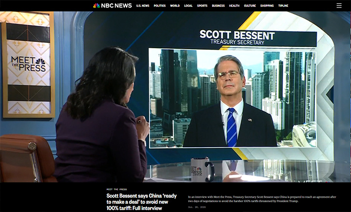    Скотт Бессент: "Китай готов заключить сделку, чтобы избежать введения 100%-ных американских пошлин". Скриншот: NBC News