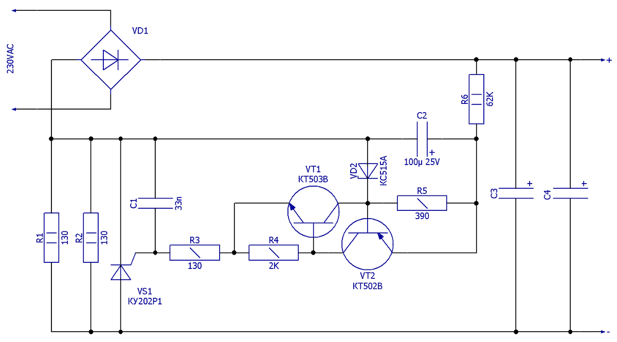 Схема электрическая принципиальная бесконтактного ограничения тока зарядки сглаживающих конденсаторов