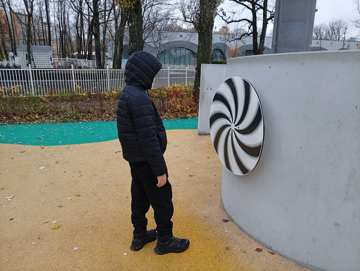 Вот он, гипнотизируется на детской площадке. Фото мое.