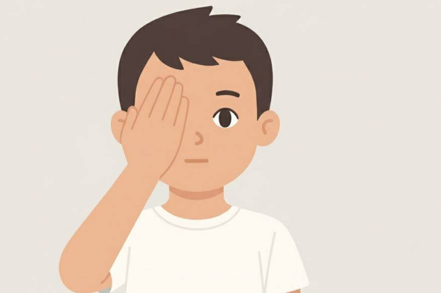 Ребенок прикрывает глаз рукой.