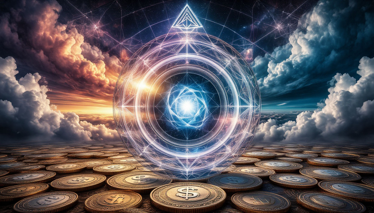 Клубящиеся облака тревог, проходя через призму осознанности, преломляются в упорядоченные геометрические паттерны, притягивающие денежные потоки. На выходе из алхимического аппарата рождаются сияющие монеты, выстраивающиеся в спирали Фибоначчи,