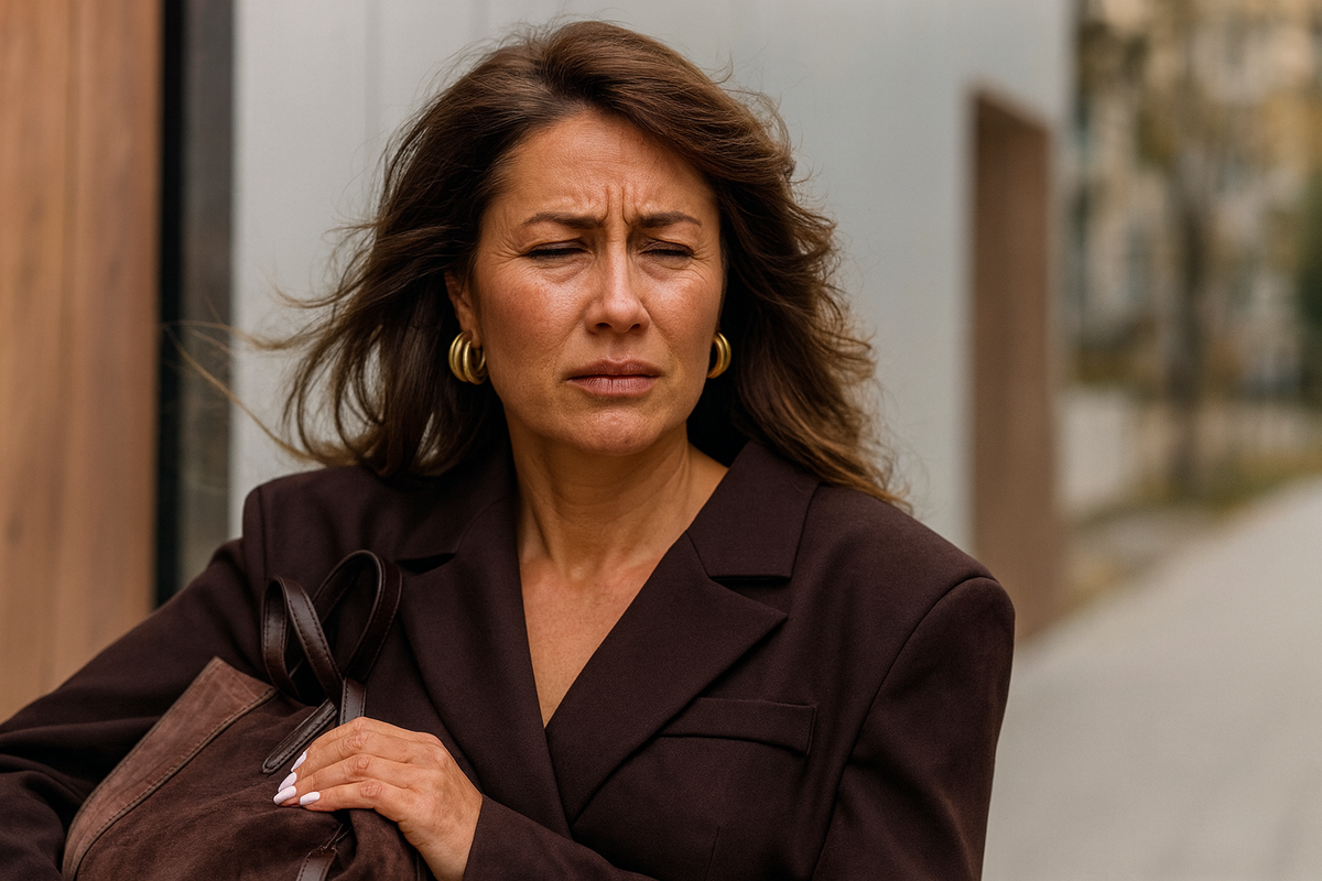 Девушка уставшая, щурится.