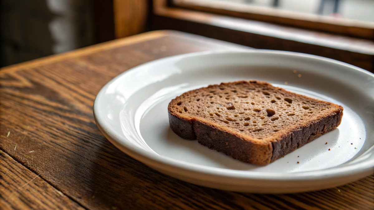 Фото: На простой белой керамической тарелочке лежит одна сухая, темная, пористая корочка "Бородинского" или другого ржаного хлеба.