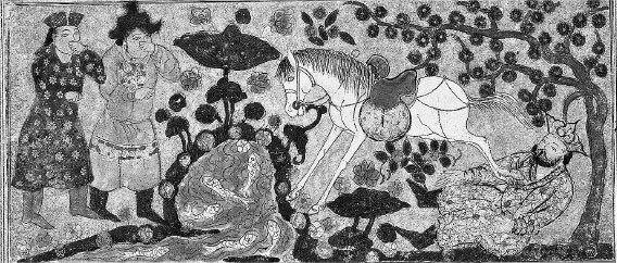 Рис. из рукописи персидского эпоса «Шах-наме» («Книги царей»). Йездегирд, убитый ударом копыта «водяного коня». Ок. 1300–1330