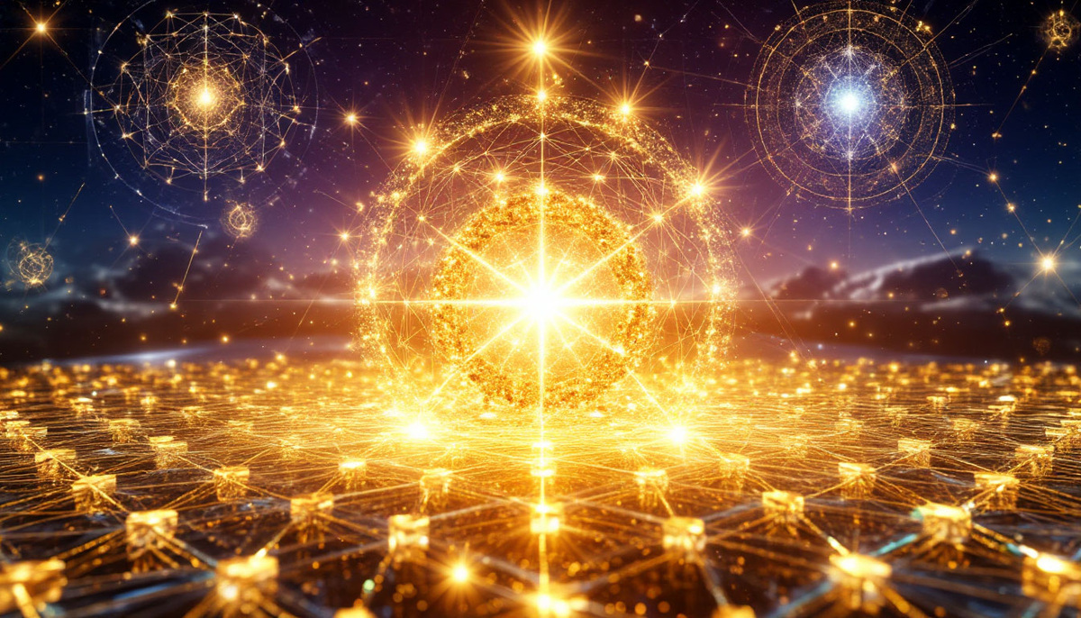 Золотые частицы выстраиваются в кристаллические решётки изобилия, а уравнения процветания материализуются в сияющие денежные потоки. На заднем плане — квантовое поле, где каждая финансовая возможность существует в суперпозиции, пока сознание не сделает выбор, превращая вероятности в ресурсы.