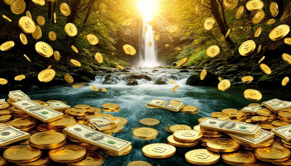 Денежные реки струятся в ритме вселенской гармонии. Вокруг парят золотые ноты, превращающиеся в монеты, а вибрации сердца создают магнитное поле, притягивающее возможности. Оркестр реальности исполняет музыку процветания — валторны из сияющих валют, скрипки из шелеста купюр, а барабаны отбивают ритм растущих инвестиций.