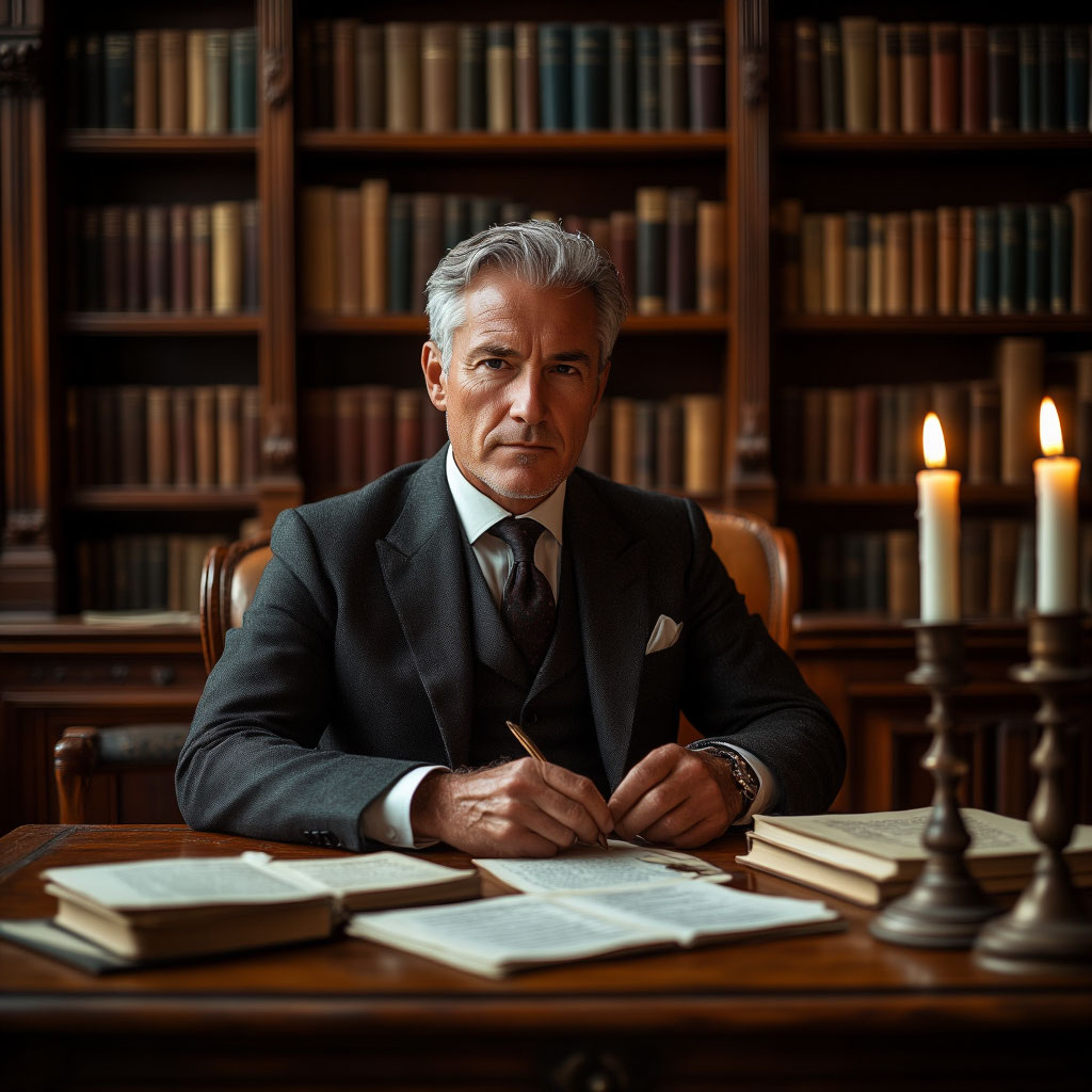 Старик в библиотеке.