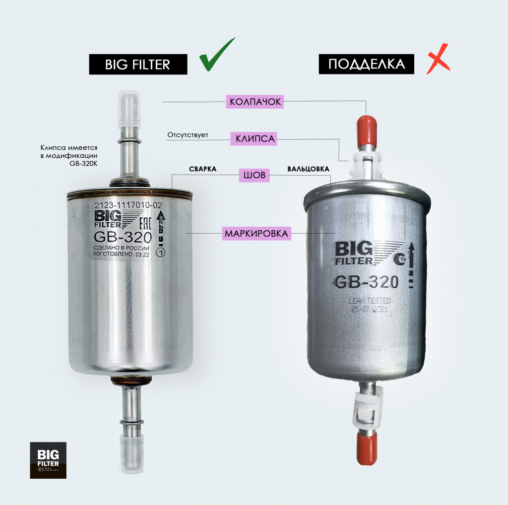 слева оригинальный фильтр  BIG FILTER, справа - подделка