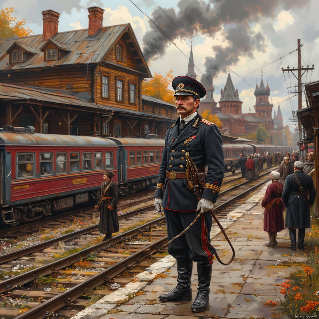Станция железной дороги. Жандарм.