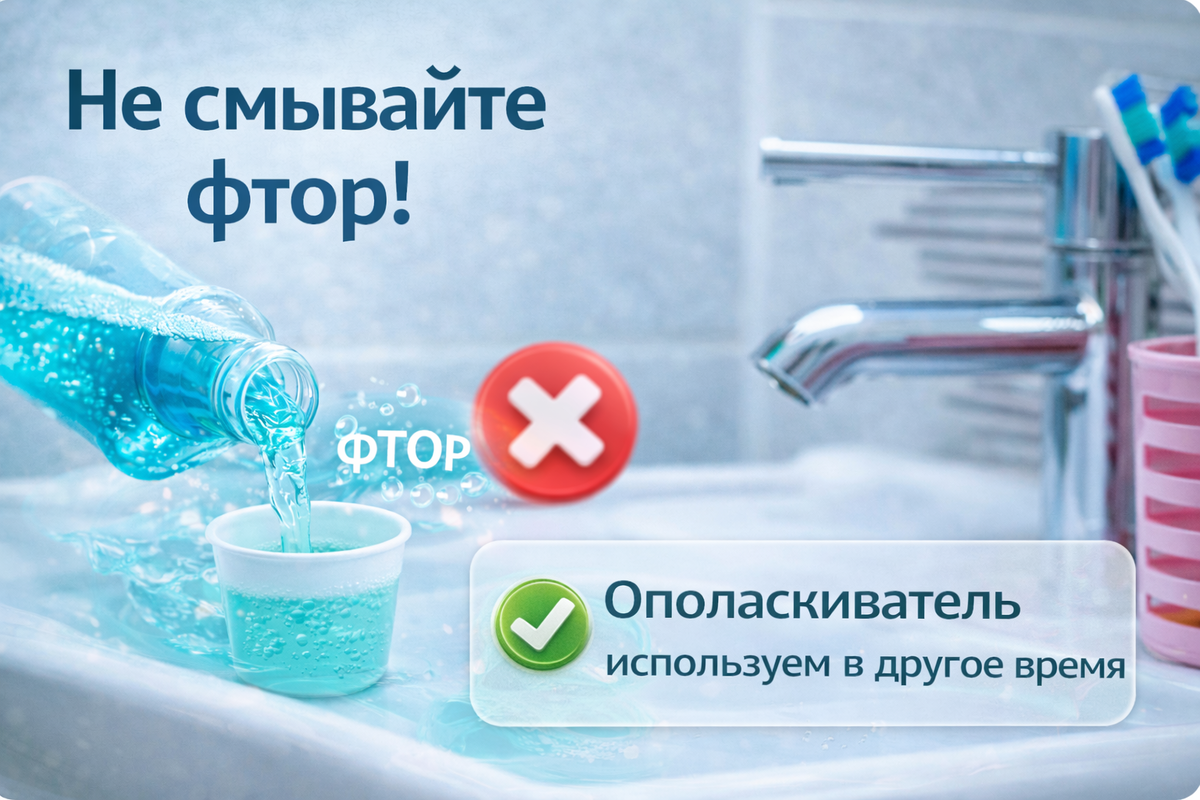 Не смывайте фтор, используя ополаскиватель сразу после чистки зубов пастой. 