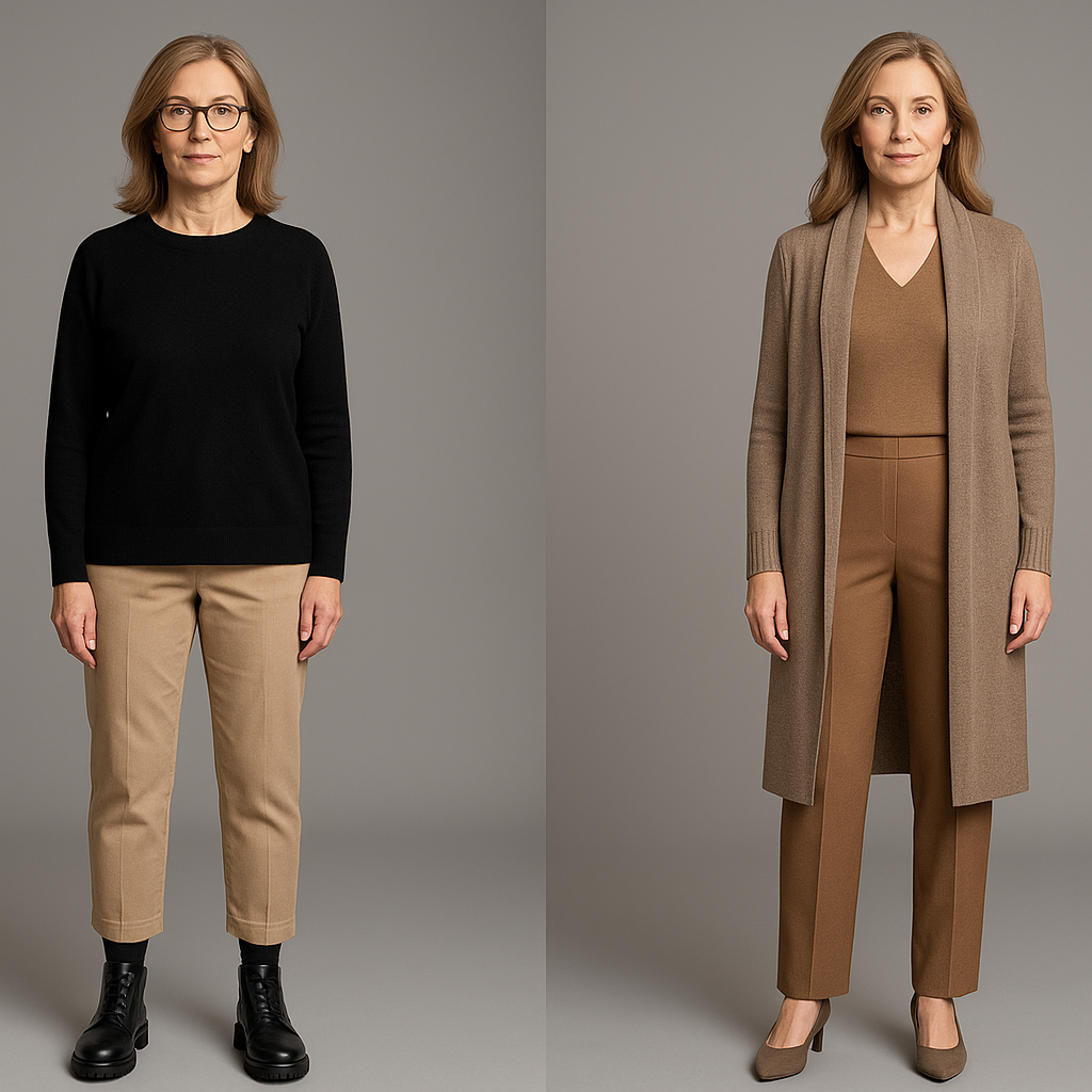 Слева: контраст снизу останавливает взгляд на щиколотке. Справа: монохромный низ, V-вырез и открытая планка дают непрерывную вертикаль.