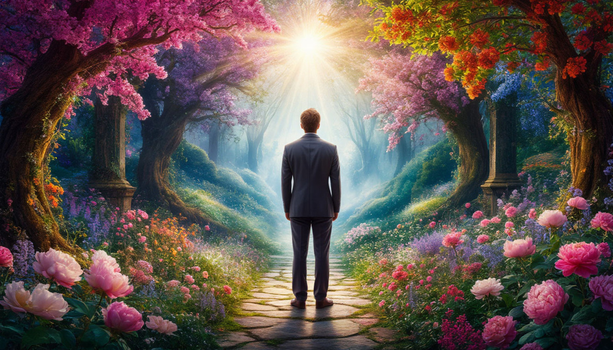 Решение как старт: человек на пороге между мирами, где одно "да" превращает пустоту в цветущий сад возможностей, а первый шаг создает мост из света через пропасть сомнений.