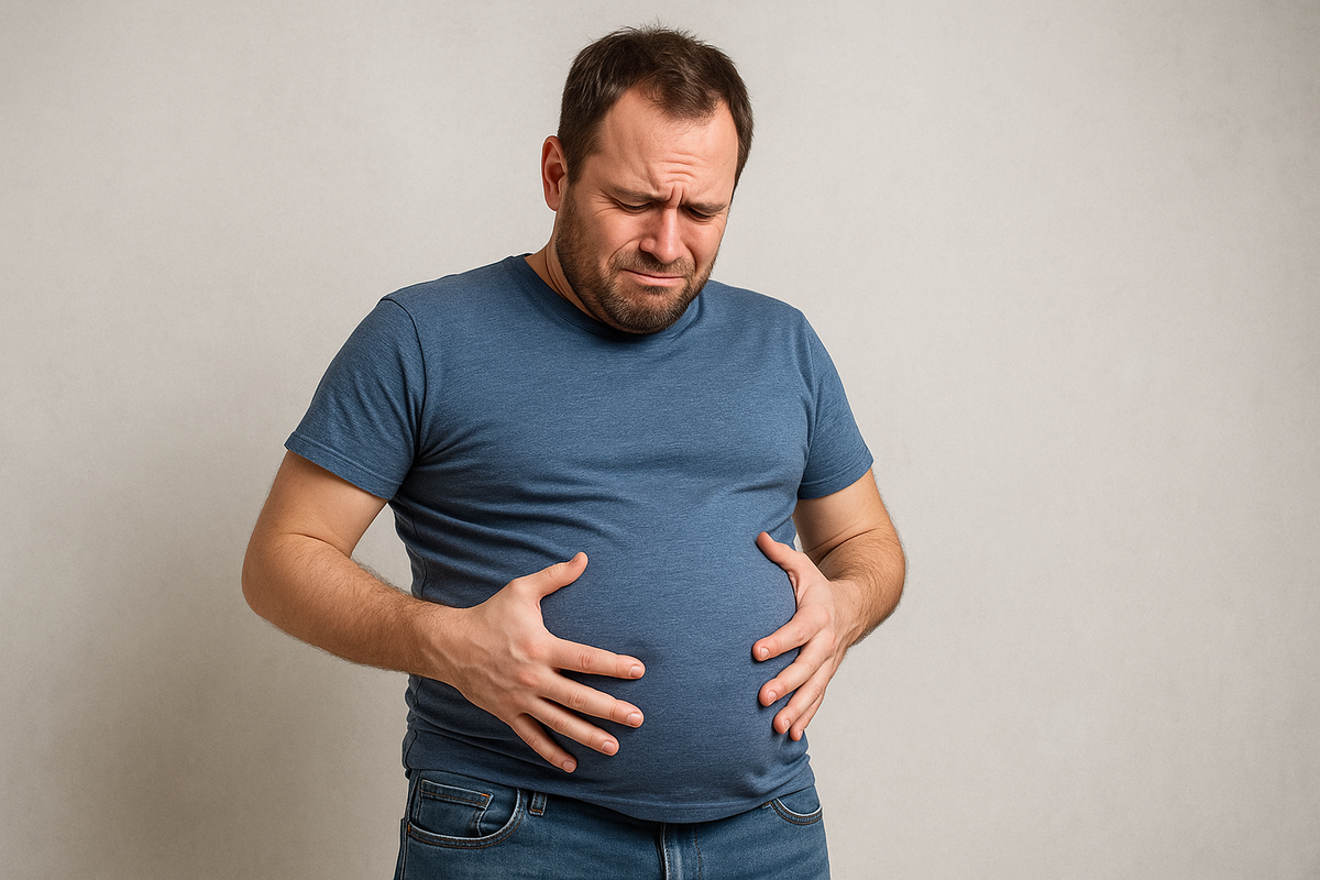 Мужчина со вздутым животом. Так выглядит желудок, которому пришлось переваривать еду, разбавленную водой.