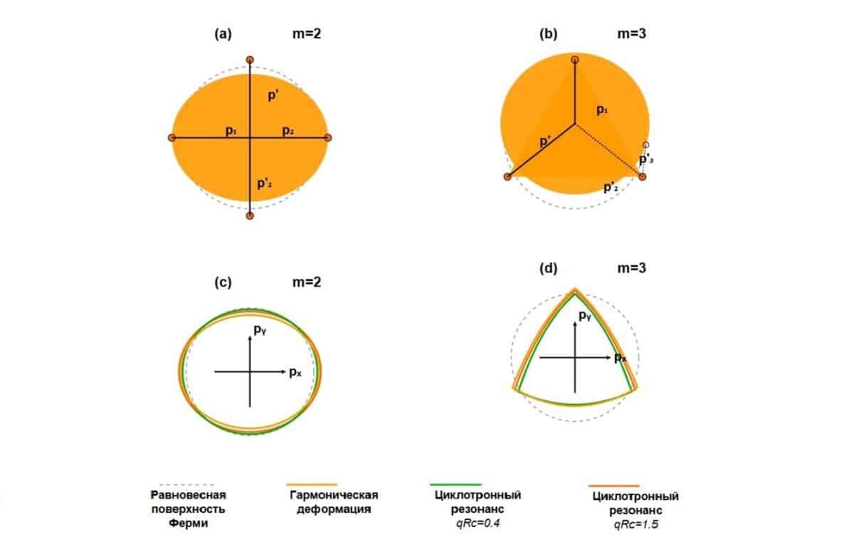    Механизм долгой жизни нечетных возмущений в электронной жидкости. (a, b) Схематическое изображение столкновений электронов для четной (m=2) и нечетной (m=3) деформации поверхности Ферми. (c, d) Сравнение формы теоретических гармонических возмущений и деформаций поверхности Ферми, возникающих при высокопорядковом циклотронном резонансе / © Physical Review Letters 134, 226902 (2025)