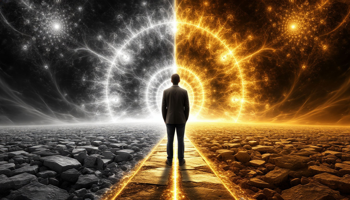 Квантовый скачок в денежной реальности: момент выбора как коллапс волновой функции — человек стоит на фрактальной развилке, где серая вероятность бедности растворяется, а золотой путь изобилия материализуется под лучом осознанного решения. Финансовые потоки выстраиваются в кристаллические структуры, а прошлые ограничения превращаются в топливо для скачка через пространство возможностей. В глазах — отражение новой реальности, где деньги подчиняются не арифметике, а квантовой гравитации намерения.