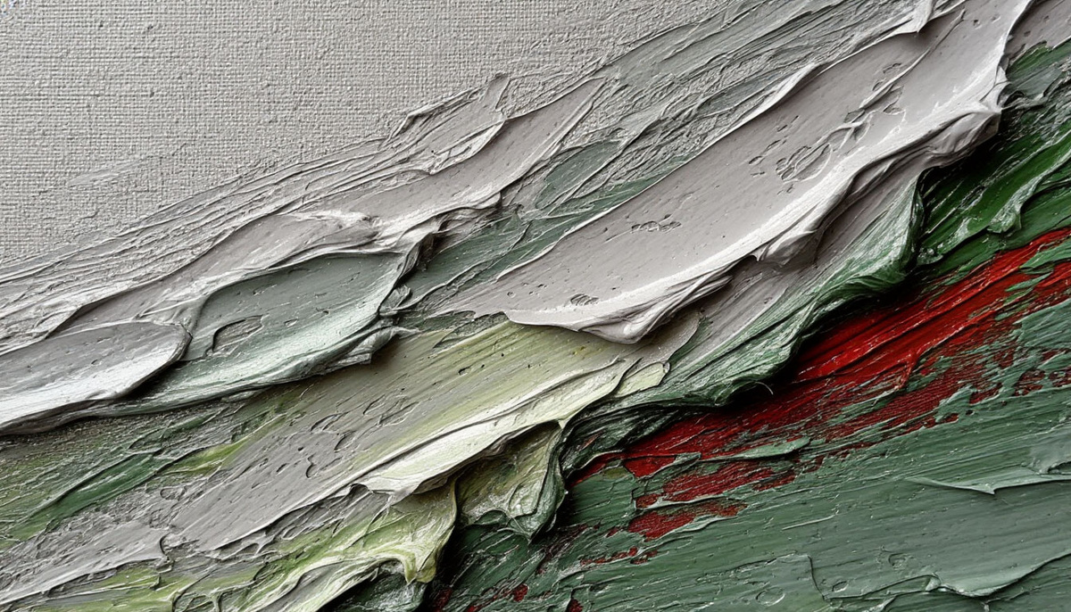 Иллюстрация 2: «Текстура страсти»
Макрофотография фактуры холста с увеличением 40x. Документирование импастной техники: рельефные мазки как следы эмоционального напряжения, наслоения краски как метафора памяти чувств.