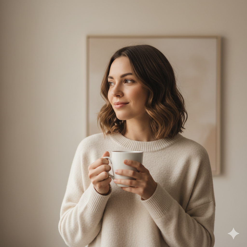 уверенная девушка с чашкой кофе, смотрит в сторону с лёгкой улыбкой, минималистичный фон, стиль soft light, ощущение спокойствия и внутренней силы