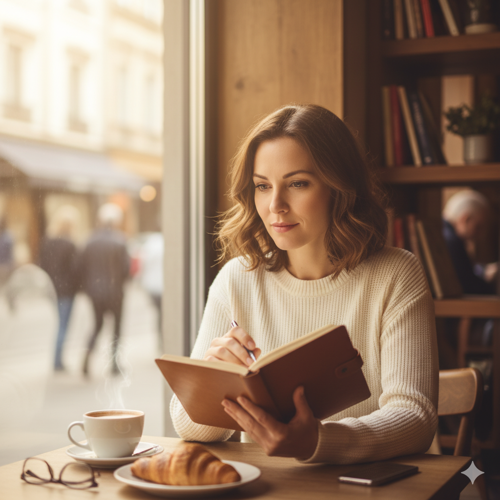девушка с блокнотом в руках, сидит в кафе у окна, спокойный свет, тёплая атмосфера, чувство уверенности и гармонии
