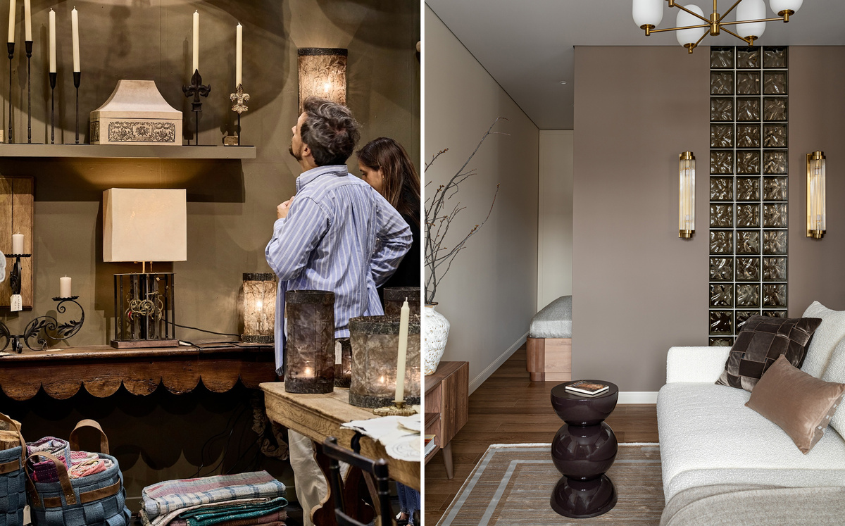 Справа — проект дизайнера Артёма Шакурова, оттенки NC11-0049 Santorini и NC47-1121 «Мех соболя» из колористической системы Nuance