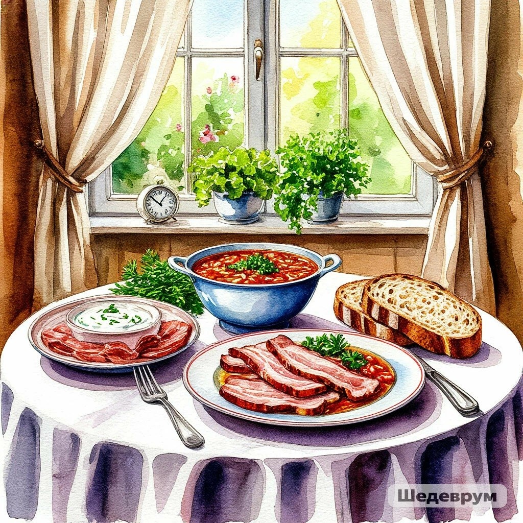 Время обеда. Борщ на столе главное блюдо. 