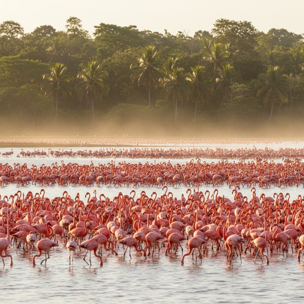 Стаи фламинго - самые большие в мире птичьи сообщества, в которых может насчитывать сотни тысяч, а то и миллион особей. За 1 день миллионная стая фламинго на большом водоёме может съедать около 150 тонн корма (водорочки, рачки и т. п.).