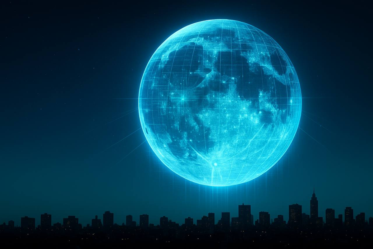 Стилизованная голограмма Луны над силуэтом города.
