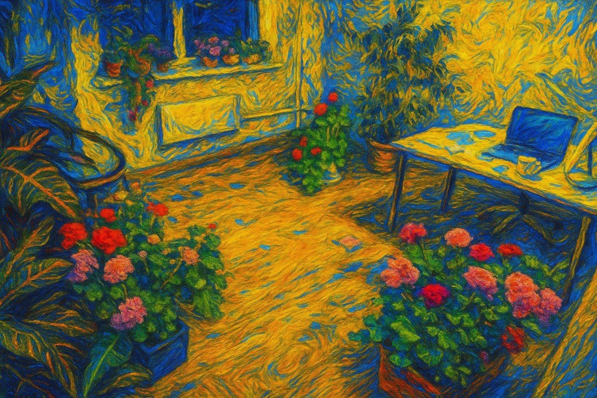 Мой рабочий кабинет в исполнении ИИ-Ван Гога (ChatGPT 5) - оригинал правее