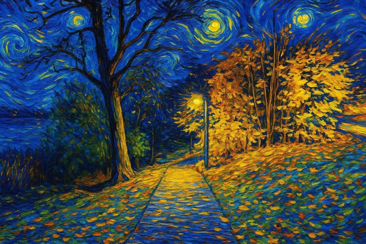 Прогулка в парке в исполнении ИИ-Ван Гога (ChatGPT 5) - оригинал правее