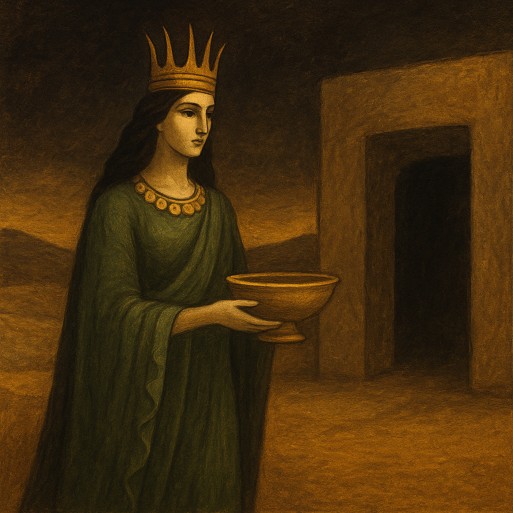 Эрешкигаль — царица подземного мира. Художественная интерпретация, созданная с помощью нейросети. Миф оживает сквозь образы.