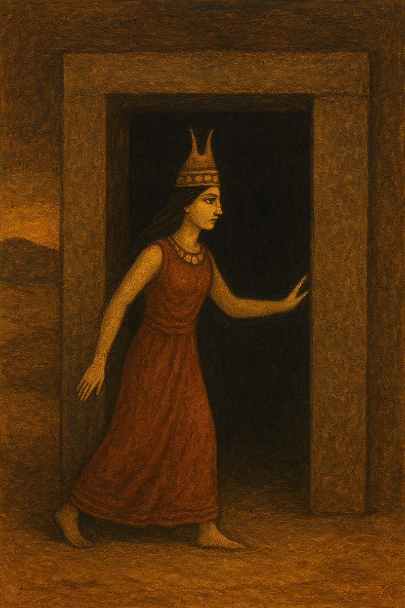 Инанна проходит через врата Кур. Художественная интерпретация, созданная с помощью нейросети. Миф оживает сквозь образы.