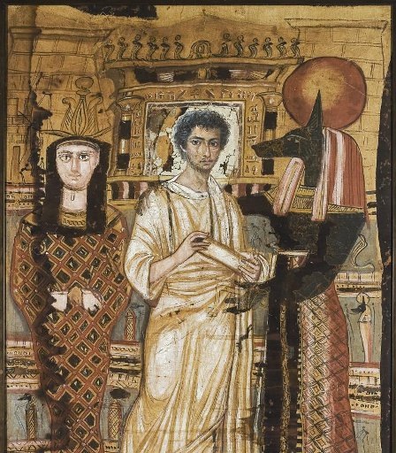 Пелена погребальная с изображением молодого мужчины, бога Осириса и бога Анубиса. II век н.э. Египет, Саккара. Лен, клеевая краска. 185 х125,5 см. ГМИИ им. Пушкина, Москва. 