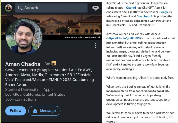 На LinkedIn пост о релизе Алисы выложил Аман Чадха, эксперт по ИИ-продуктам в Apple и бывший лидер AI-направления в Amazon