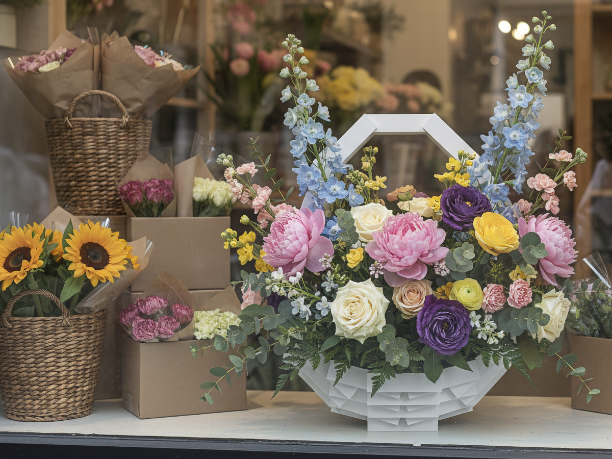 Корзина EGG с цветами на витрине