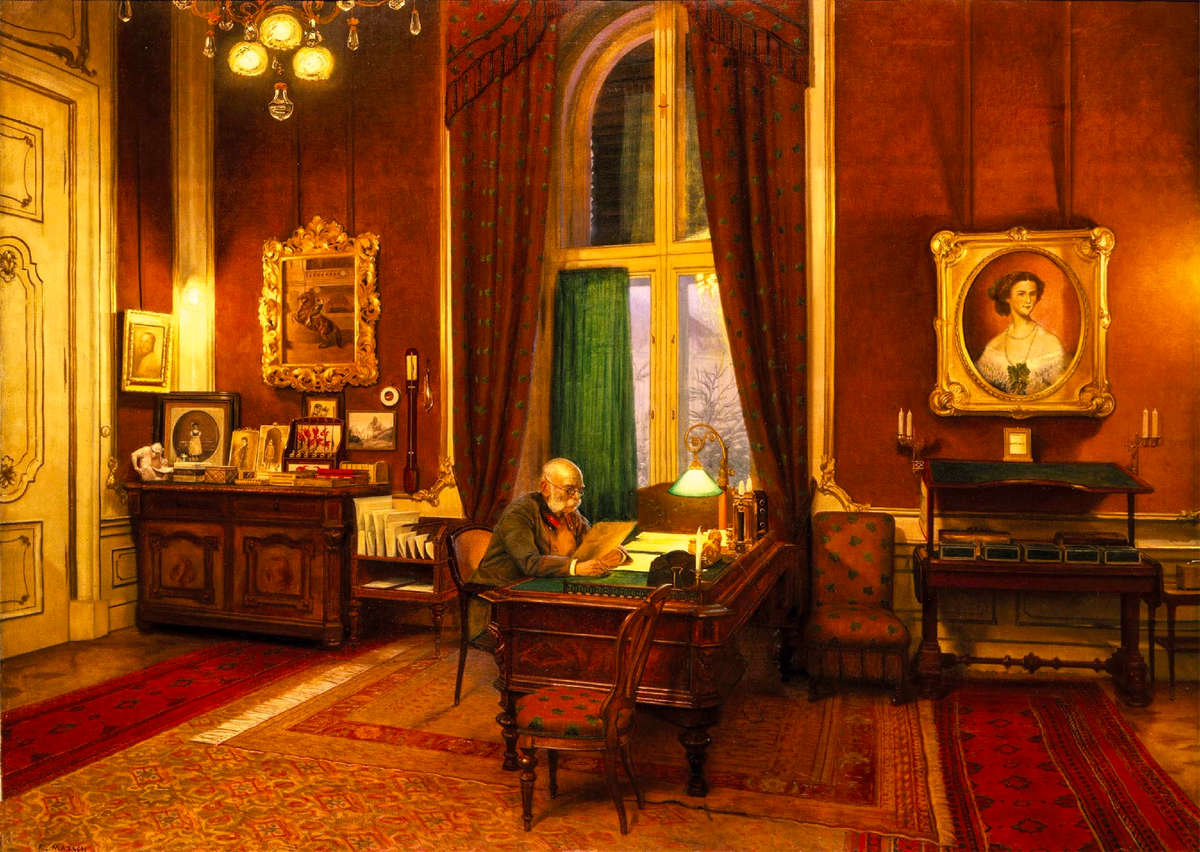 Император Франц Иосиф работает в своем кабинете в Шенбрунне в окружении портретов своей семьи, в том числе большого портрета императрицы Сиси. Картина маслом кисти Франца фон Матша