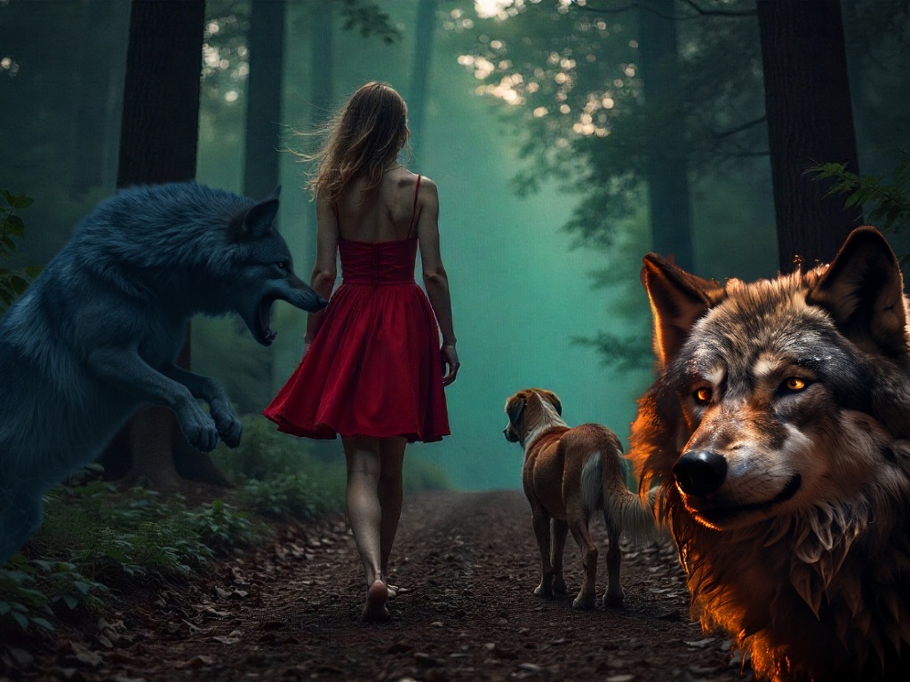 Тёмный лес, девушка с собакой, волки. Создано нейросетью.