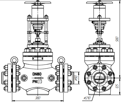 Габаритный чертёж клапан серии URAN-H-400 DN80 PN63