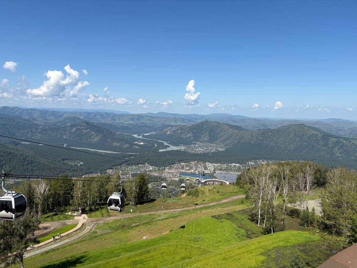 Канатка на курорте Манжерок. Озеро Манжерокское, разделенное дамбой на 2 части и Катунь меж гор.